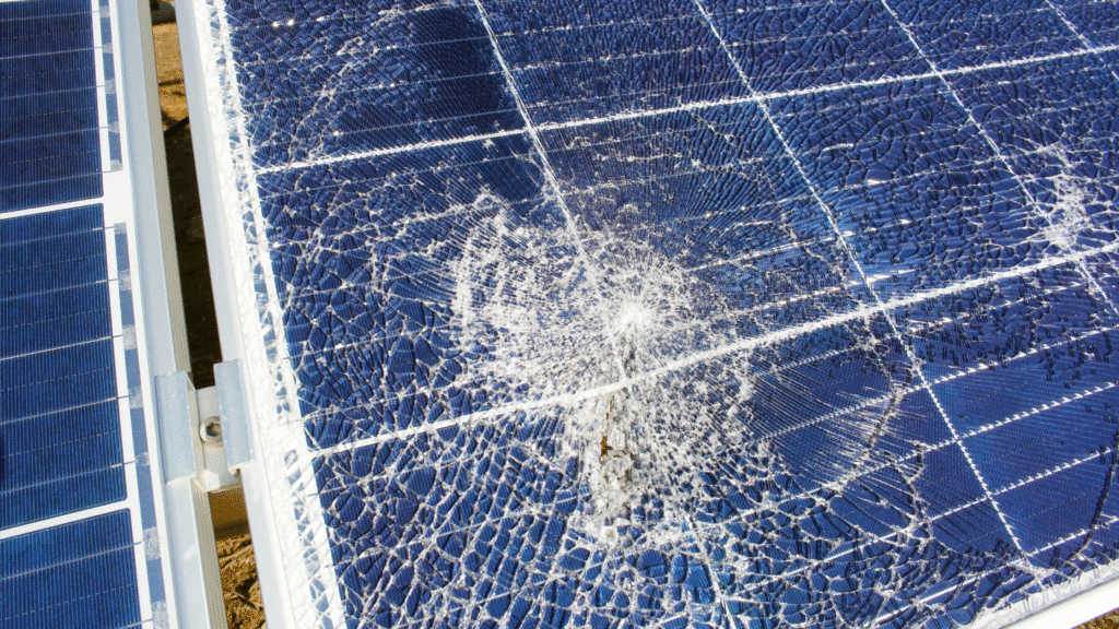 Blue and white damaged solar panel from a recent hail storm