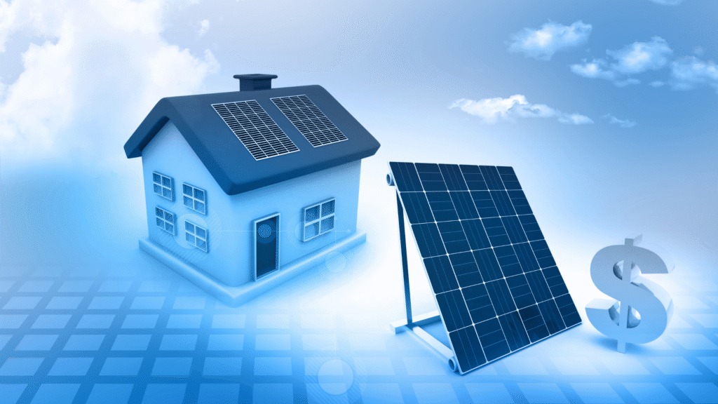 A blue hued image showing a house with solar panels and dollar signs indicating savings from installing a battery for your solar panels