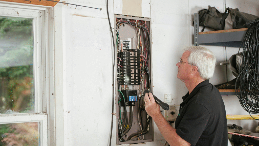 Licensed electrician inspecting a residential electrical panel for safety and performance during a home electrical inspection in Colorado Springs.
