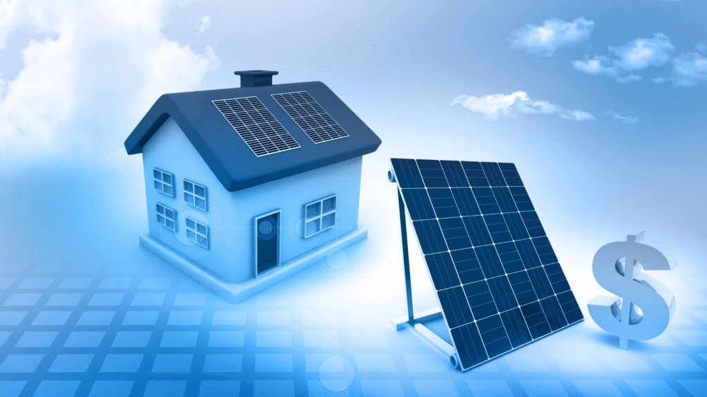 3D illustration of a house with rooftop solar panels, a ground-mounted solar panel, and a dollar sign symbolizing energy savings and lower utility costs